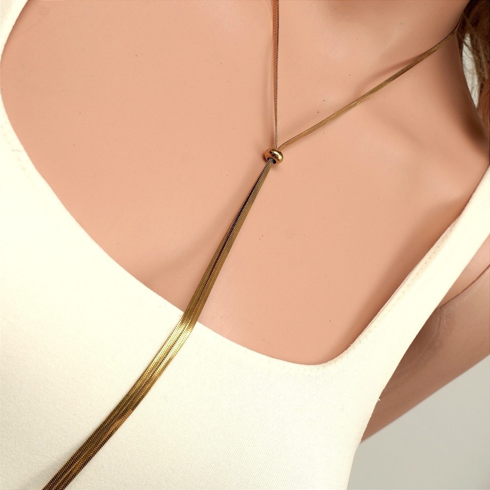 Gold Tone Herringbone Snake Chain Lariat Necklace Adjustable Sliding Bead Sleek